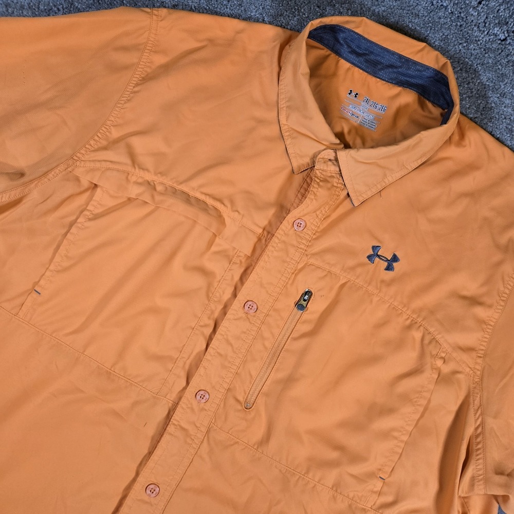 Under Armour Orange Short Sleeve Vented Button Up Fishing Shirt Mens 2XL